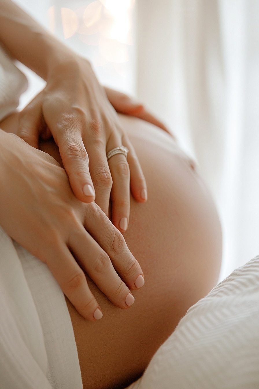 Massage prénatal, mains posées sur le ventre